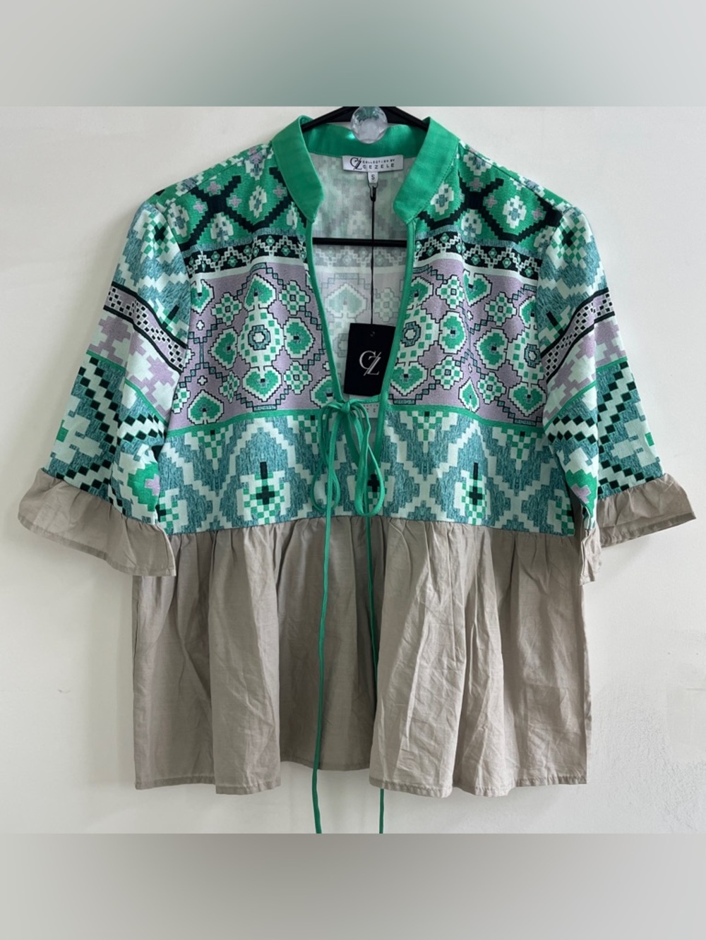 Cezele Women's Top/Blouse with Lace-Up Detail, 3/4 Sleeves Boho/peasant Size:S